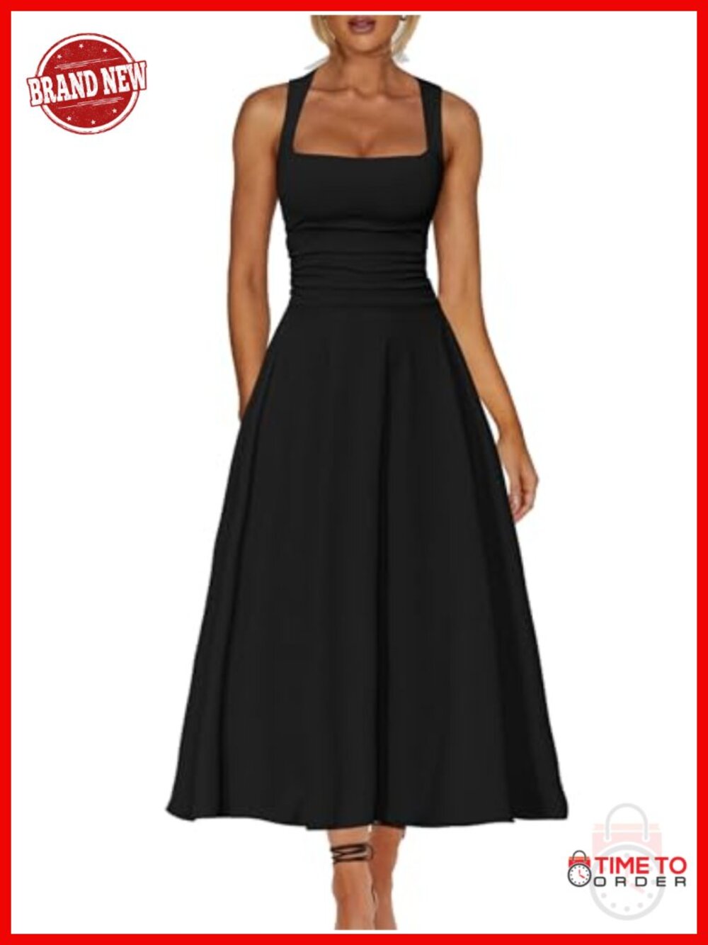 Women's Sleeveless Square Neck A-Line Midi Dress with Ruffle Hem